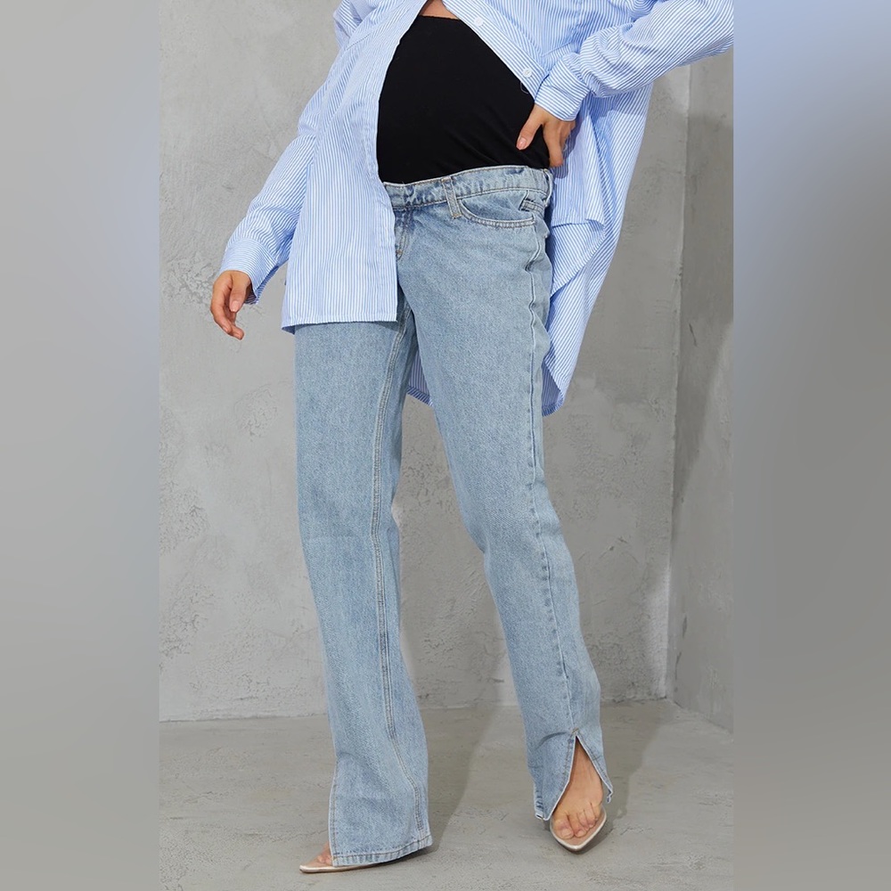 NWT Pretty Little Thing Maternity Jeans Light Wash Split Hem US 12 UK 16